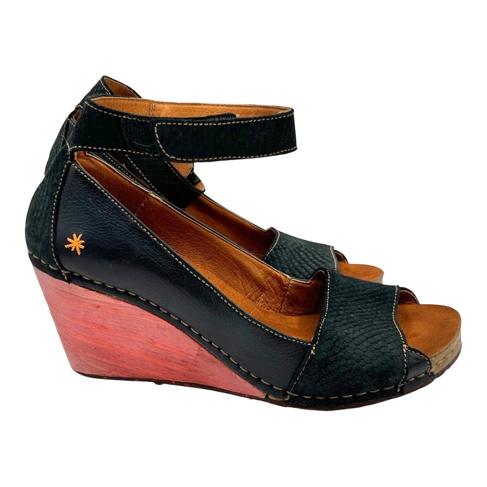 Art‎ Company Black Leather Pink Wedge Ankle Strap Sandals Peep Toe EU 41 Chunky